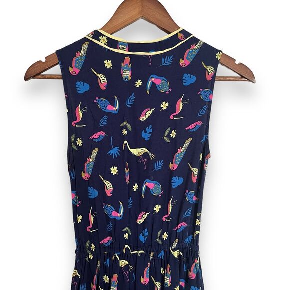 ModCloth Navy Blue Cafe Au Soleil Tropical Birds Sleeveless Dress Size XS - Picture 10 of 11